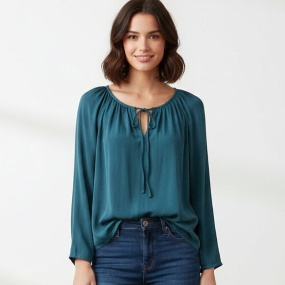 Aritzia Babaton Tie Front Blouse Forest Green Teal Scoop neck Drapey Size XXS - Picture 1 of 11